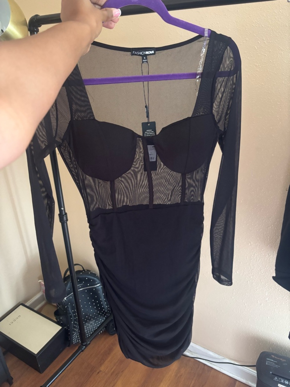 Fashion Nova Black Sheer Long-Sleeve Bodycon Dress